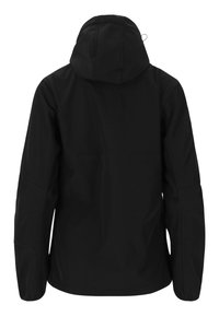Black waterproof jacket with a hood, features a smooth texture, elastic cuffs, and side pockets. Back view shows minimalistic design.