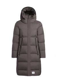 Gray puffer coat with a hood, featuring a zip front, two side pockets, and quilted design. Material appears soft and insulated.