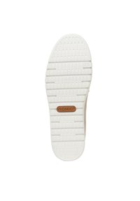 Semelle en caoutchouc blanche avec un relief prononcé, ornée d'un détail du logo Vionic brun. Texture lisse avec un bord arrondi. Design épuré et minimal.