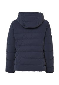Veste en duvet bleu marine avec une capuche, présentant un design matelassé et des coutures horizontales dans le dos. Texture douce.