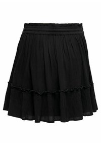 Jupe noire en tissu léger avec une finition texturée. Dotée d'un design plissé et d'un ourlet volanté pour plus de détails.