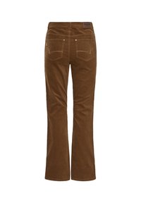 Brown corduroy flared pants with a textured surface, featuring two back pockets, metal rivets, and a logo label on the waistband.