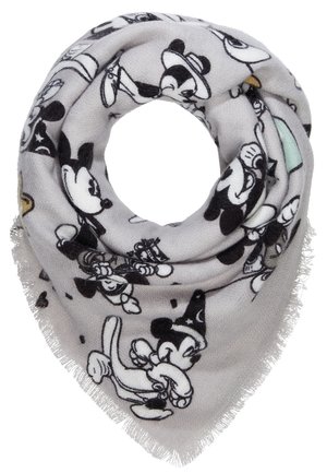 Miękki szary szalik z czarno-białymi postaciami kreskówkowymi myszy w różnych pozach i strojach, z ozdobnymi frędzlami na krawędziach.