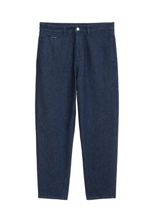Jeans in denim blu scuro con taglio dritto, passanti per cintura, zip frontale, chiusura a bottone e tasche laterali.