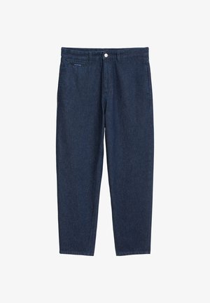 Jeans in denim blu scuro con taglio dritto, passanti per cintura, zip frontale, chiusura a bottone e tasche laterali.