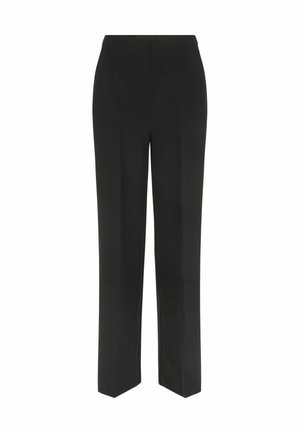 Pantaloni neri con design a gamba dritta, caratterizzati da una semplice vita e senza tasche visibili, esposti su uno sfondo bianco.