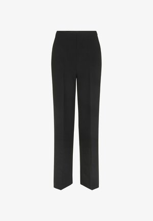 Zwarte broek met een recht pootontwerp, met een eenvoudige tailleband en zonder zichtbare zakken, weergegeven tegen een witte achtergrond.