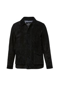 Svart mockajacka med knappstängning fram, två framfickor och en klassisk kragedesign. Slät textur med matt yta.