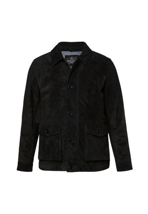 Zwarte suede jas met een knoopsluiting aan de voorkant, twee zijzakken en een klassiek kraagontwerp. Gladde textuur met een matte afwerking.