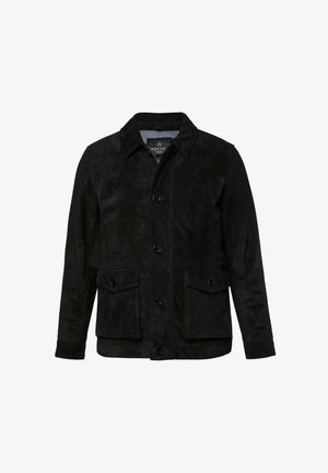 Schwarze Wildlederjacke mit Knopfleiste, zwei Fronttaschen und klassischem Kragen-Design. Glatte Textur mit matter Oberfläche.