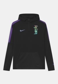Czarny długi rękaw, bluza z kapturem, z purpurowymi paskami na ramionach, przednia kieszeń kangurza, zamek błyskawiczny do połowy oraz iryzująca pionowa grafika z logo Nike.