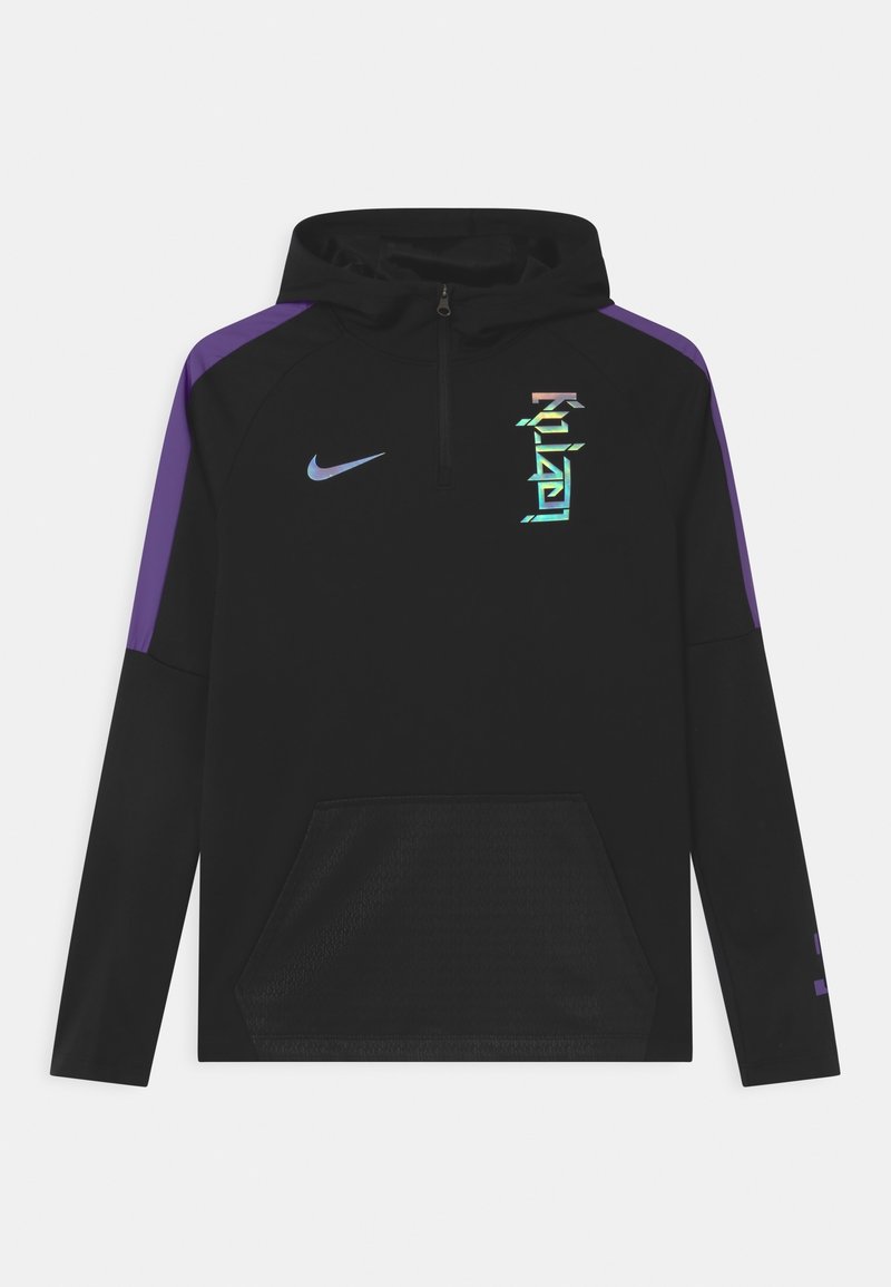 Czarny długi rękaw, bluza z kapturem, z purpurowymi paskami na ramionach, przednia kieszeń kangurza, zamek błyskawiczny do połowy oraz iryzująca pionowa grafika z logo Nike.