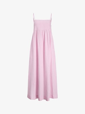 Lys rosa maxikjole med tynne vertikale striper, spaghettistropper og innsvingt midje.