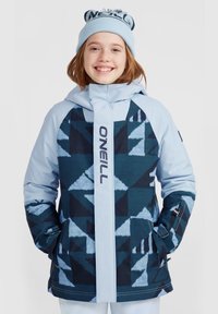 Veste à capuche bleue et navy à motifs, avec des designs géométriques et le nom de la marque "ONEILL" en caractères gras sur le devant.