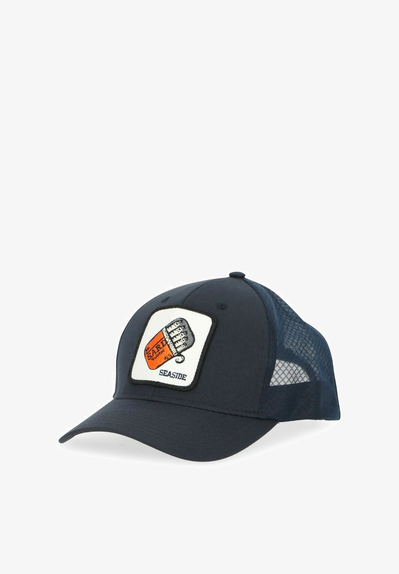 Marineblaue Kappe mit Netzrücken, rundem Schirm und einem rechteckigen, gestickten Patch auf der Vorderseite, der eine Getränkedose und den Text "SEASIDE" zeigt.