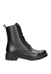 Stivaletto in ecopelle nera con punta rotonda, chiusura con lacci, linguetta sul tallone e suola testurizzata per una buona aderenza. Presenta una finitura liscia e un design robusto.