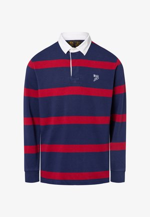 Langarm-Polohemd in Marineblau mit roten horizontalen Streifen. Weißer Kragen und Logo auf der linken Brust. Baumwollmaterial, lässiges Design.