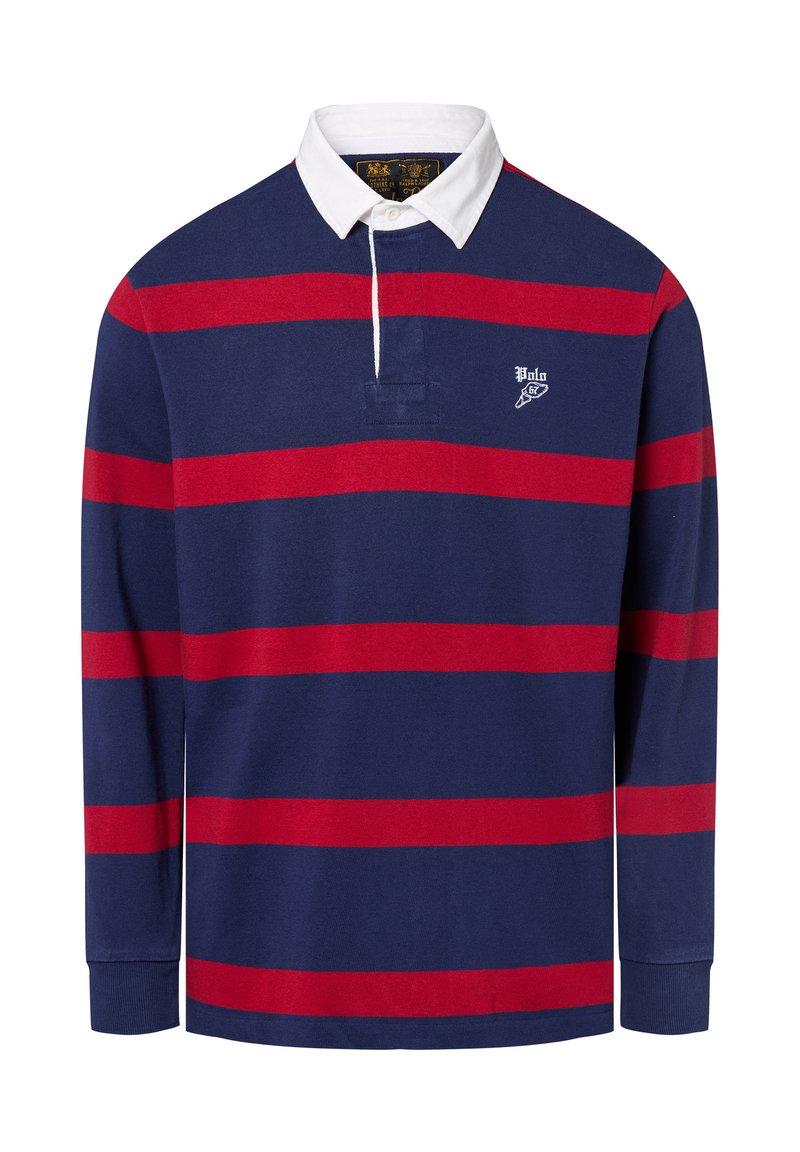 Langarm polo-shirt in marineblauw met rode horizontale strepen. Witte kraag en logo op de linker borst. Katoenen materiaal, casual ontwerp.