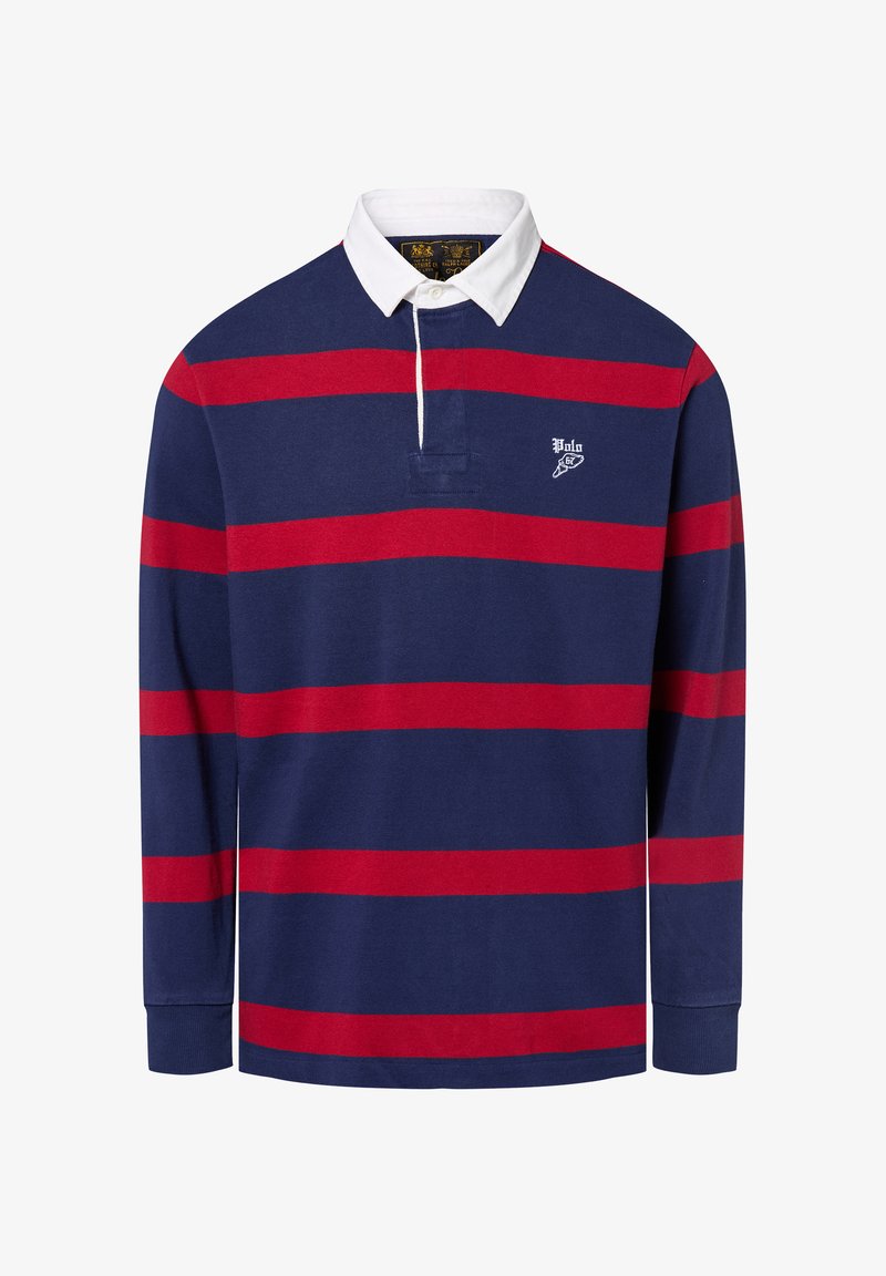 Langarm polo-shirt in marineblauw met rode horizontale strepen. Witte kraag en logo op de linker borst. Katoenen materiaal, casual ontwerp.