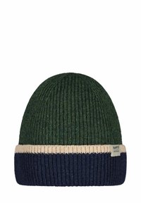 Knitted beanie in dark green with a wide navy blue and cream striped cuff; thick texture, rounded top, and branded tag on the cuff.