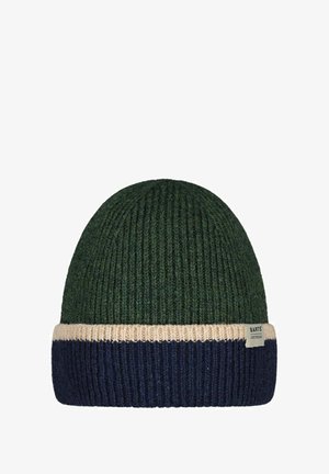 Knitted beanie in dark green with a wide navy blue and cream striped cuff; thick texture, rounded top, and branded tag on the cuff.