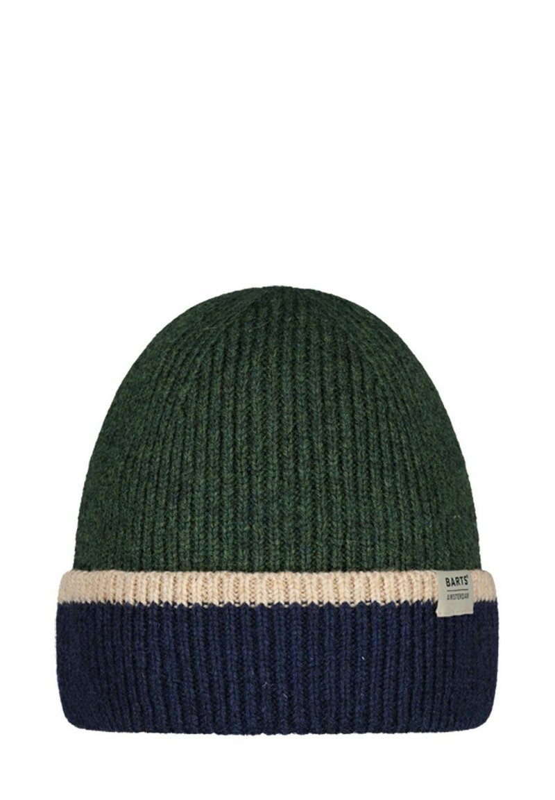 Knitted beanie in dark green with a wide navy blue and cream striped cuff; thick texture, rounded top, and branded tag on the cuff.