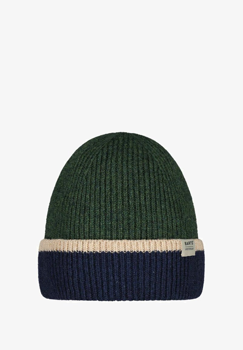 Knitted beanie in dark green with a wide navy blue and cream striped cuff; thick texture, rounded top, and branded tag on the cuff.