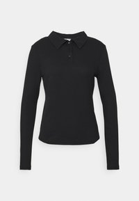 Langärmliges schwarzes Poloshirt aus einem glatten Stoff. Verfügt über einen klassischen Kragen und eine Knopfleiste mit drei Knöpfen in passender Farbe.