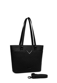 Black tote bag featuring a woven pattern at the bottom, smooth top, dual straps, and a detachable shoulder strap. Accented with a logo.