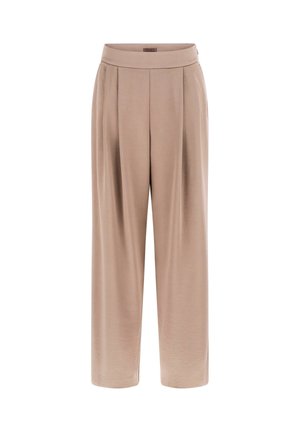 Beżowe szerokie spodnie z plisami w talii i wysokim pasem, prezentowane na białym tle.