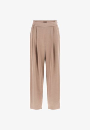 Pantalon beige à jambes larges avec plis à la taille et une ceinture haute, présenté sur un fond blanc.