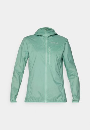 Lightweight, mint green jacket with a hood, full zip front, and zippered chest pocket. Smooth texture with a semi-matte finish.