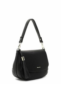 Czarna skórzana torebka z teksturowanym wykończeniem, z klapką, ozdobnym frędzlem i regulowanym paskiem. Zawiera detale w kolorze srebrnym.