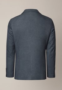 Ciemnoszary marynarka z fakturowanej tkaniny, dopasowany krój, klapa w szpic i długie rękawy z guzikami na mankietach. Widok z tyłu.