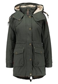 Zelená parka bunda s kapucí lemovanou kožešinou, zapínáním na knoflíky, čtyřmi předními kapsami, stahováním v pase a texturovaným povrchem materiálu.
