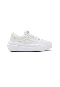 White sneakers with a checker-patterned upper, suede accents, and a thick platform sole. Features white laces and a padded collar.