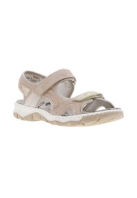 Sandales beige clair avec plusieurs sangles réglables, dessus en synthétique texturé et semelle blanche rembourrée conçue pour le confort et le soutien.