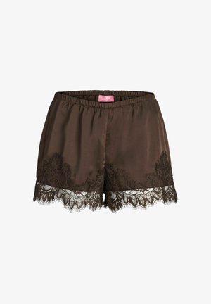 Shorts en satin brun avec bordure en dentelle florale le long de l'ourlet et taille élastique, avec une étiquette de marque rose à l'intérieur de la ceinture.