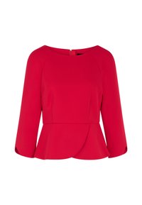 Rotes Peplum-Oberteil mit drei Viertelärmeln, rundem Ausschnitt und einem verborgenen Reißverschluss auf der Rückseite. Glattes Material mit tailliertem Oberteil und ausgestelltem Saum.