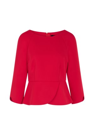 Rotes Peplum-Oberteil mit drei Viertelärmeln, rundem Ausschnitt und einem verborgenen Reißverschluss auf der Rückseite. Glattes Material mit tailliertem Oberteil und ausgestelltem Saum.