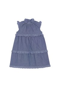 Blå chambrayklänning med volangkrage och korta ärmar. Har tre lager med dekorativ spetskant och scallopad fåll. Mjuk textur.