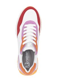 Multicolored sneaker featuring a white upper, red, purple, and orange accents, textured sole, and white laces over a grey insole.