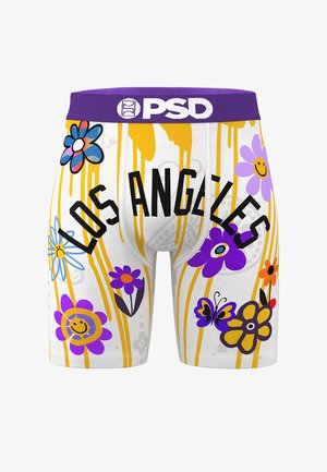 Boxer da uomo con base bianca e motivi floreali colorati, vita viola e scritta "LOS ANGELES" in lettere nere in grassetto.