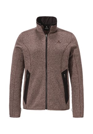 Braune Fleecejacke mit hohem Kragen, Reißverschluss vorne und schwarzen Seitentaschen. Sie verfügt über kontrastierende Nähte und ein Logo auf der linken Brust.