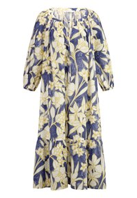 Kukallinen mekko, jossa on valkoinen pohja, keltaisia ja tummansinisiä kukkia, joustavat hihat ja kerroksellinen helma. Puuvillaa tai vastaavaa kangasta.