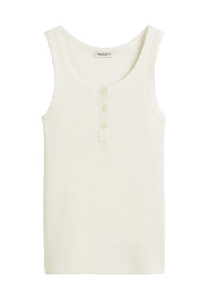 Weißes, geripptes Tanktop mit Rundhalsausschnitt, das über eine Knopfleiste mit drei Knöpfen in der Mitte verfügt. Aus weichem Baumwollmaterial.