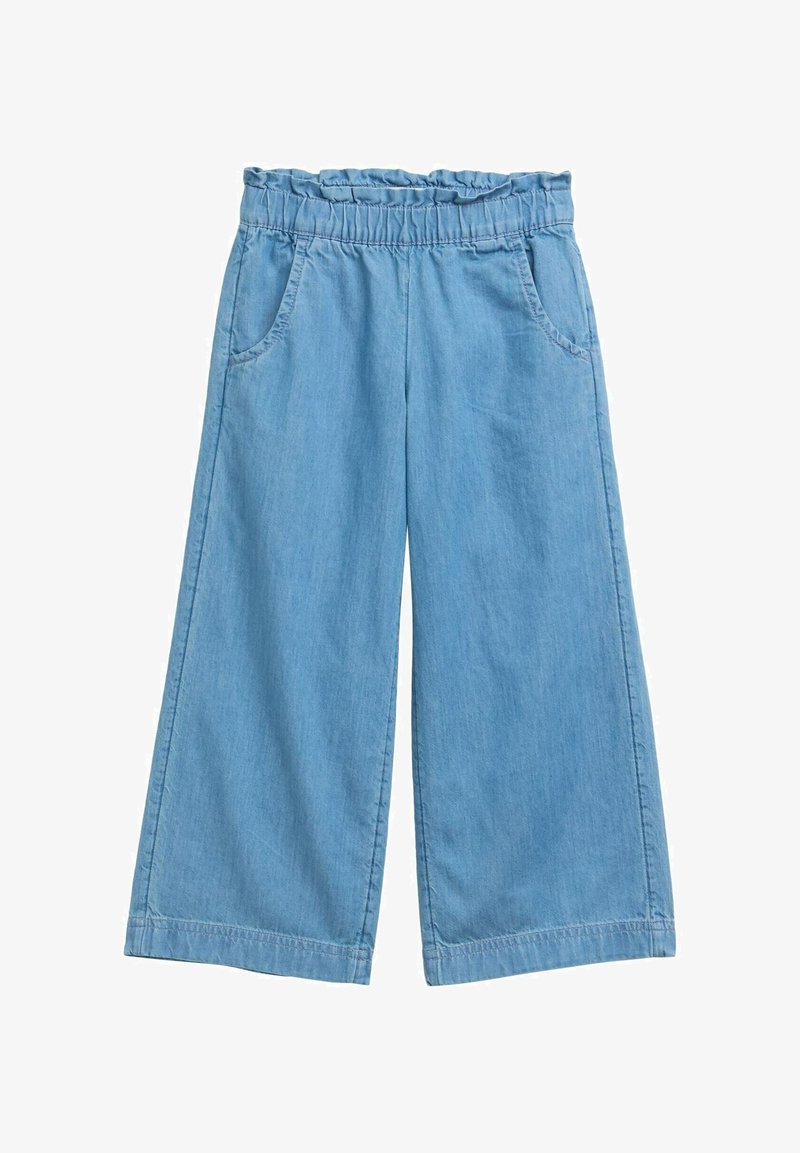 Pantalons larges en denim bleu clair. Dotés d'une taille élastique et de deux poches latérales. Texture lisse, design décontracté.