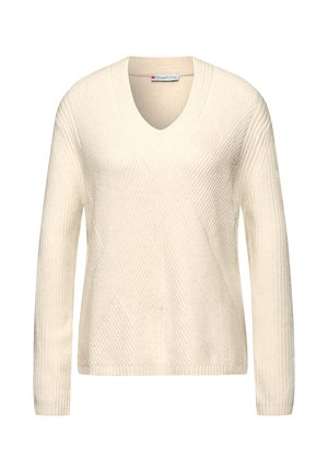 Crème-kleurige v-hals trui met ribbelstructuur en verticale diagonale patronen. Lange mouwen en een relaxte pasvorm. Zacht materiaal.