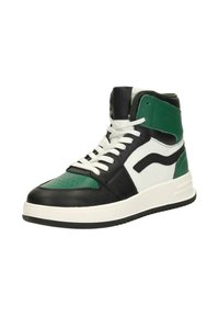 Zwarte, groene en witte leren high-top sneakers. Voorzien van een geperforeerd teengebied, witte veters en textuuraccenten. Dikke witte zool.