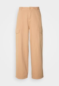 Beige wide-leg cargo pants made from lightweight fabric, featuring two side pockets and a button closure at the waist. Soft texture.